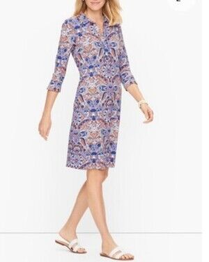 Talbots Multicolor Paisley Print Shirt Dress 3/4 Sleeve Stretch Travel Office M